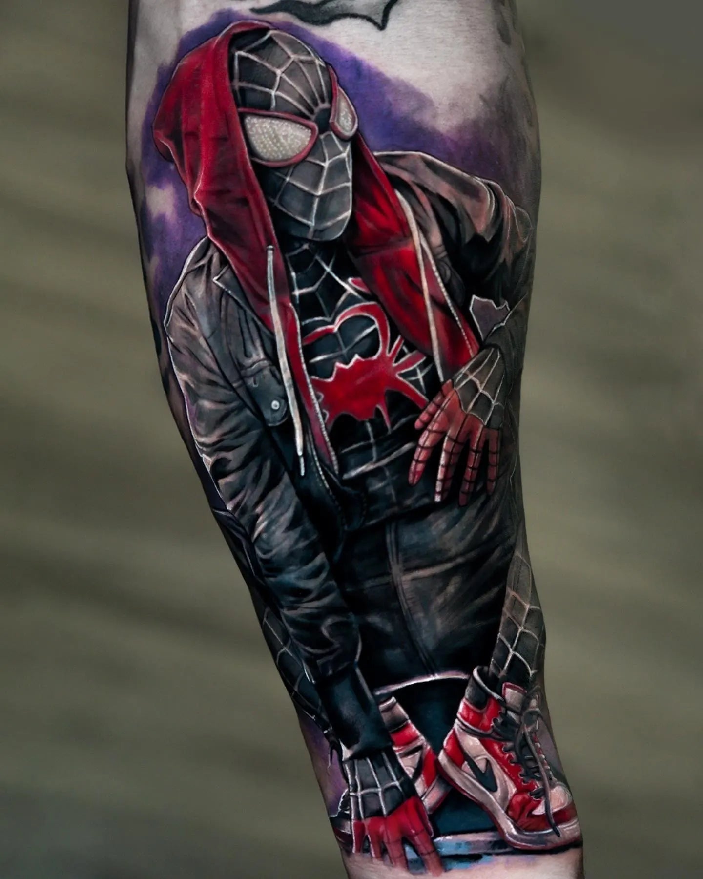 Spiderman Miles Morales color realism tattoo