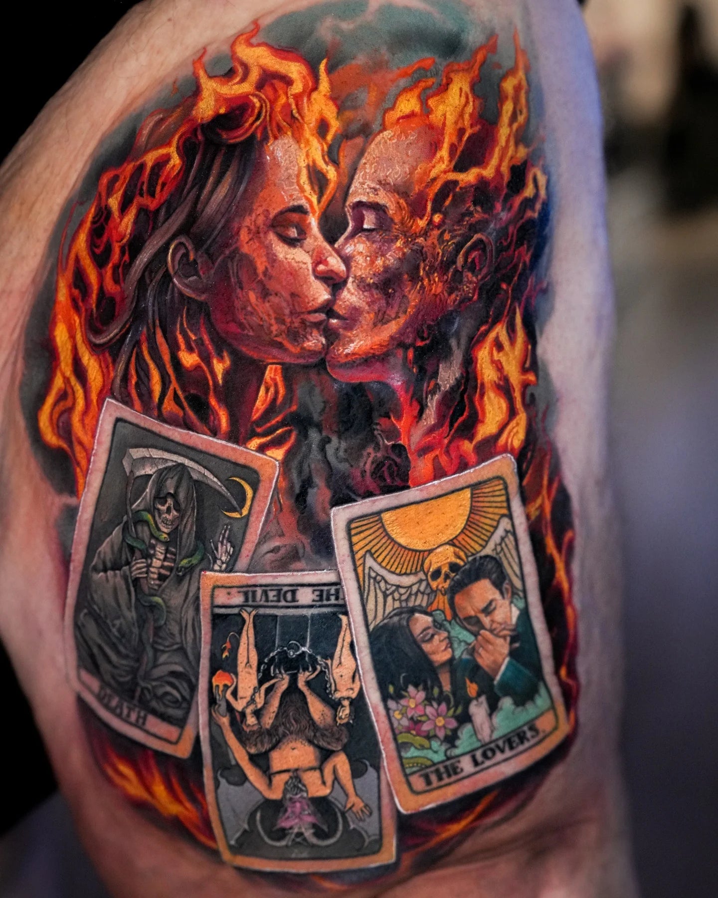 Tarot, the Lovers, the Devil, and Death cards color realism tattoo