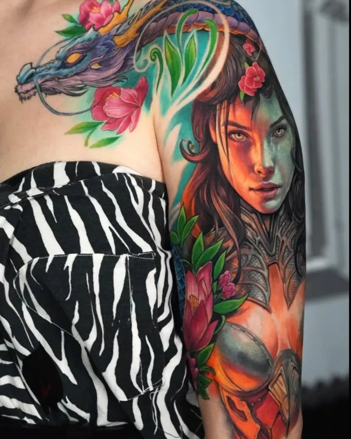 woman and dragon color realism full arm tattoo sleeve